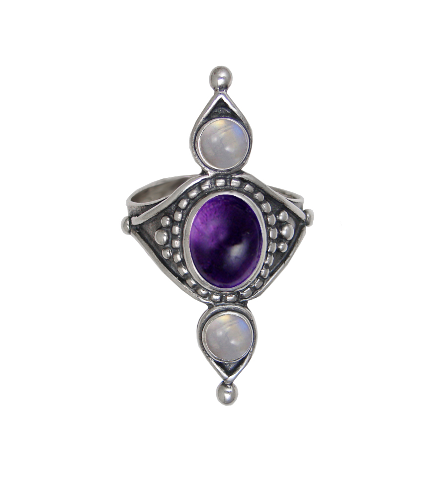 Sterling Silver Royal Ring With Amethyst And Rainbow Moonstone Size 8